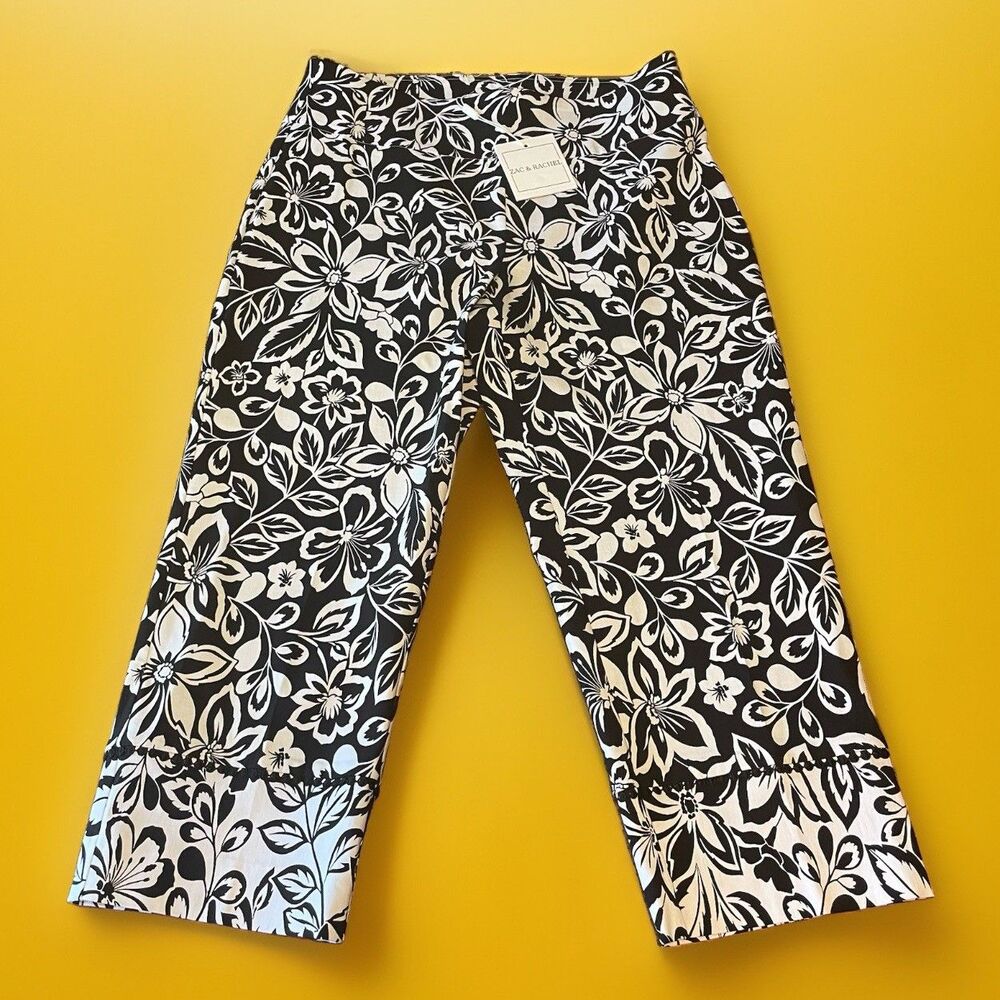 NWT Zac & Rachel Women Size 10 Black White Floral Capris Cropped Pants